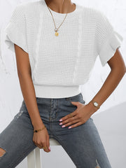 Ruffled Short‑Sleeve Knit Pullover – Loose Fit, 3D Pattern