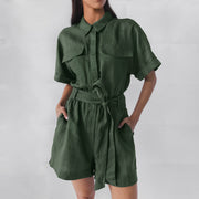 Women's Retro Lapel Wide-Leg Romper with Lace-Up Waist