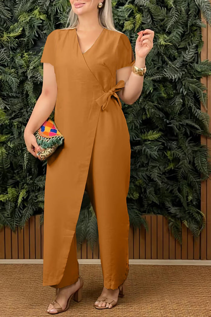 Women's Casual V-Neck Cross-Strap Jumpsuit