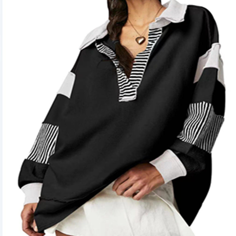 Chic V-Neck Colorblock Long Sleeve Split Hem Casual Sweater