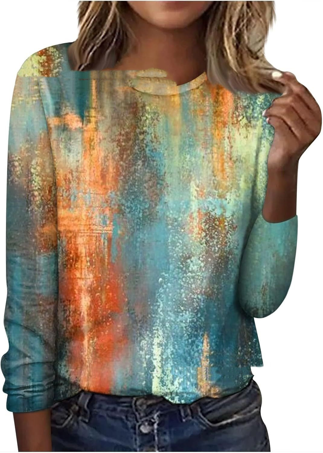 Floral Geometric Print Long Sleeve Round Neck Pullover