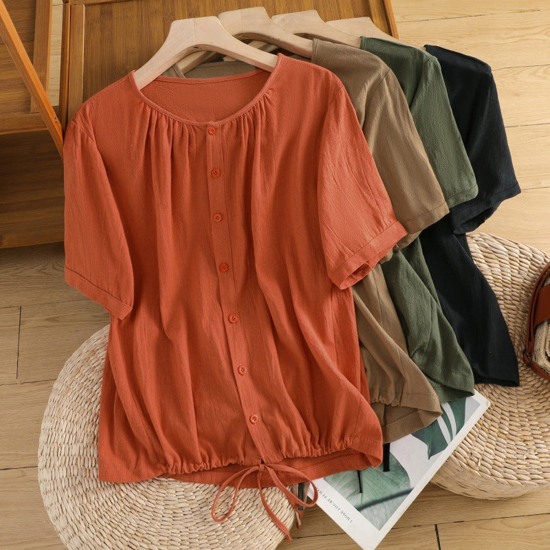 Retro Drawstring Linen Swing Top – Loose Fit, Puff Sleeves, Crew Neck