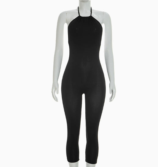 Solid-color Slim-fit Sexy Chic Halter Backless Tie-neck Cropped Jumpsuit