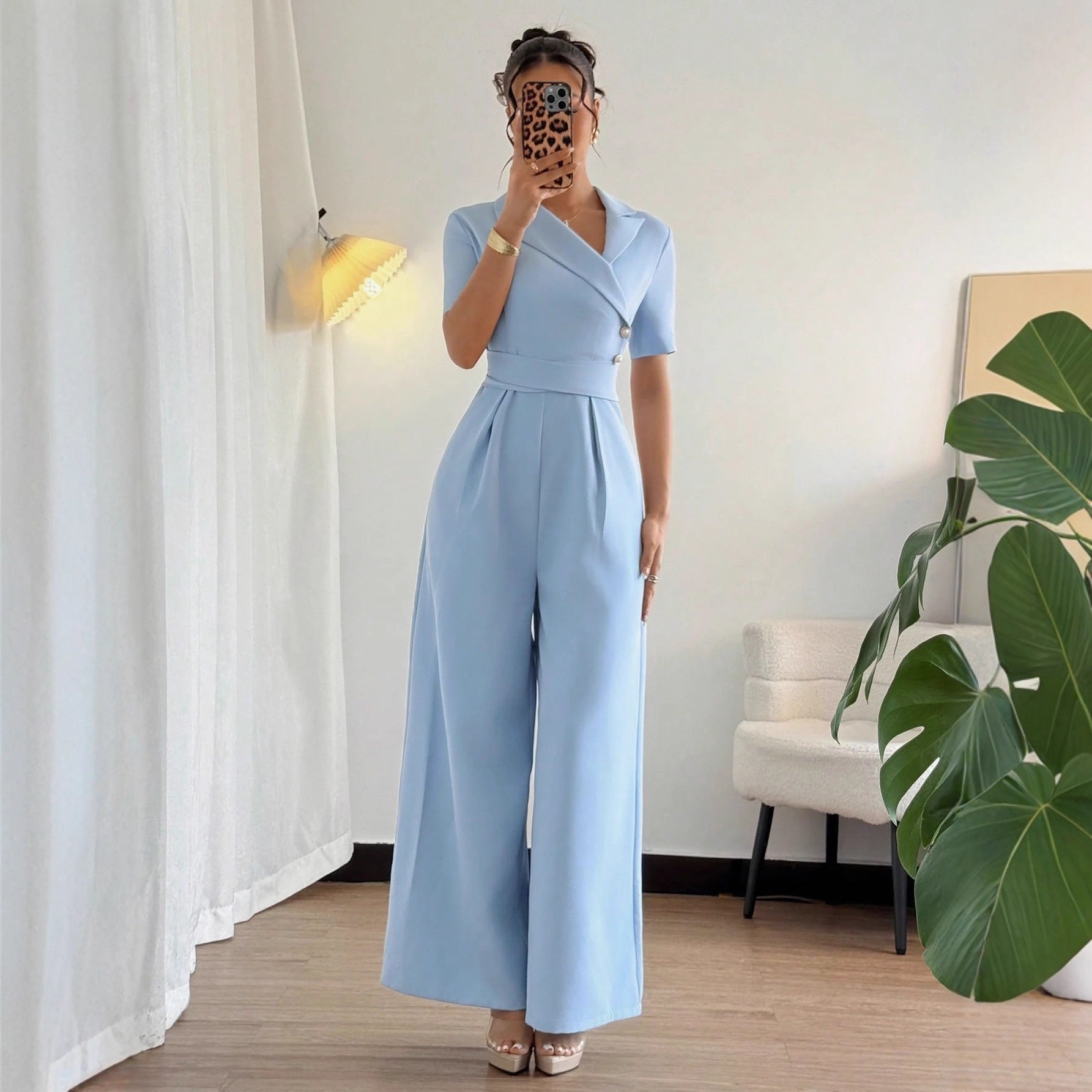 Women's Blue Off-Shoulder Belted Slim Jumpsuit