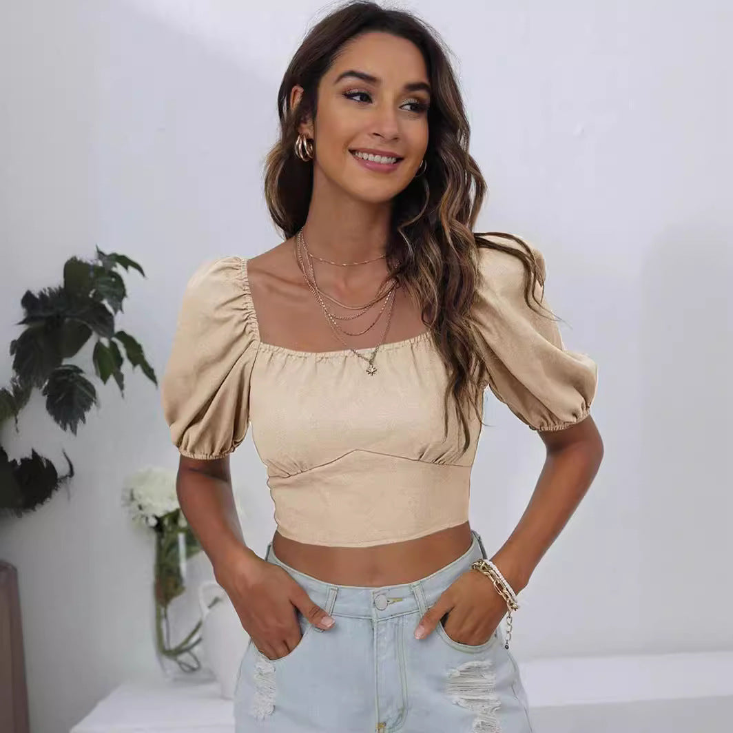 Backless Lantern Sleeve T-Shirt – Slim Fit, Trendy Khaki