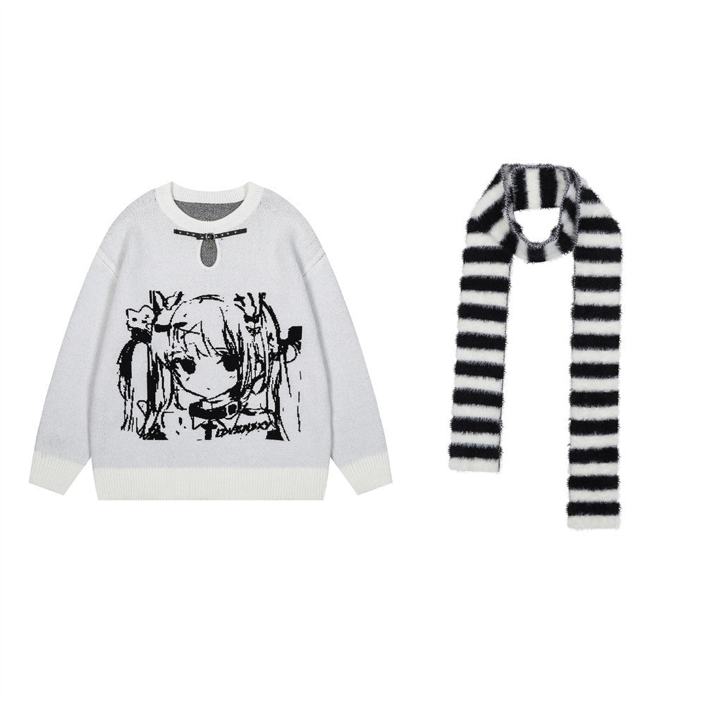 Anime Girl with Scarf Round Neck Sweater Men and Women Autumn and Winter Loose