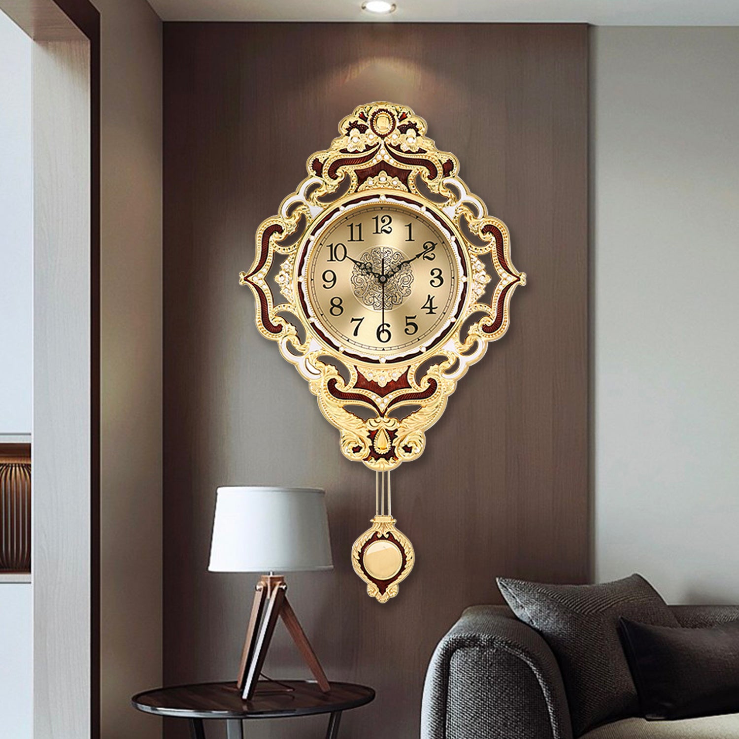 Gold Color Pendulum Wall Clock by Aero Snail, Crystal Retro Style Wall Clock, Battery Operated Wall Clock, Vintage Clock Royal Wall Clock Watch for Home Decor Bedroom Living Room