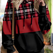 Plus Size Women's Casual Loose Plaid Contrast Print Hooded Sweatshirt with Drawstring