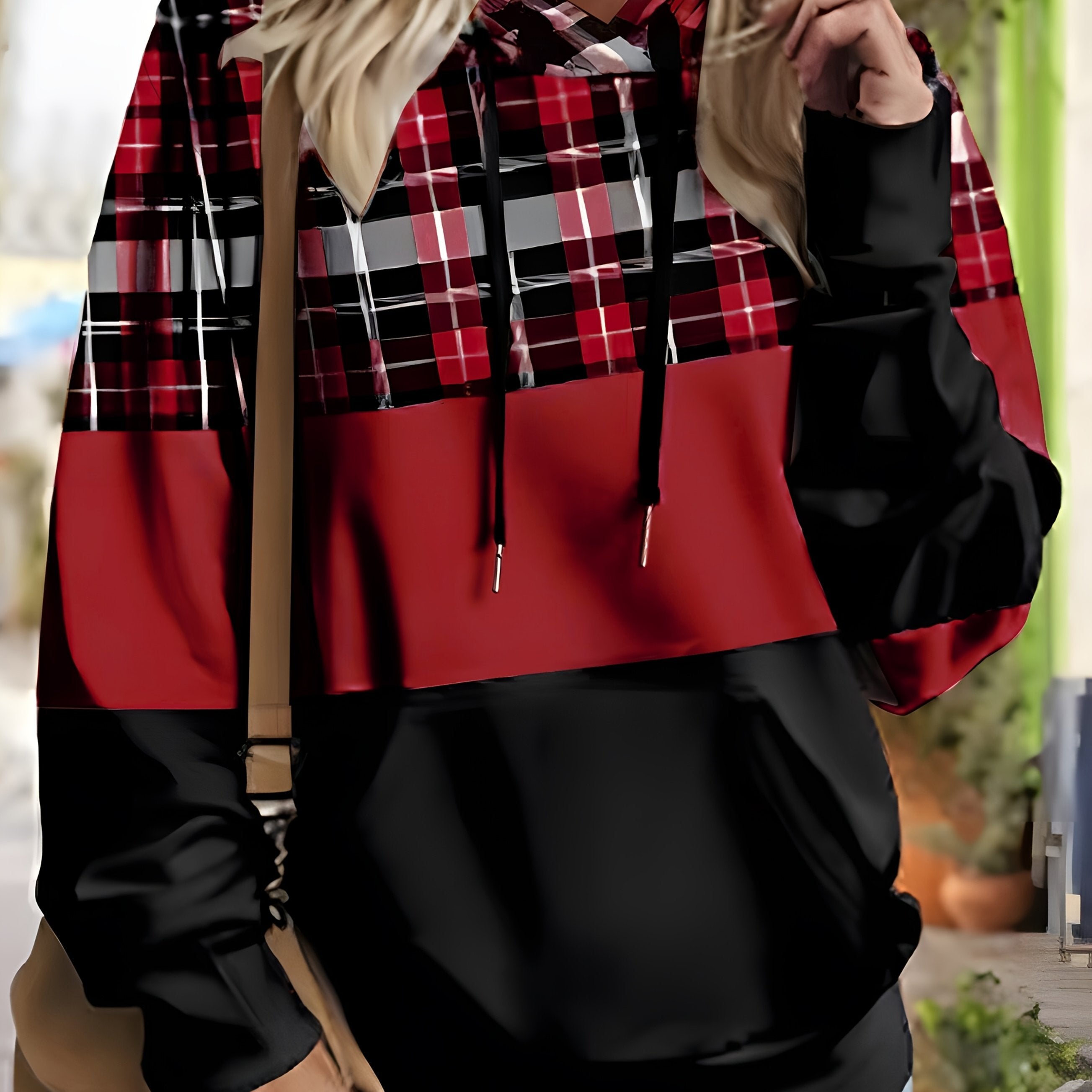 Plus Size Women's Casual Loose Plaid Contrast Print Hooded Sweatshirt with Drawstring