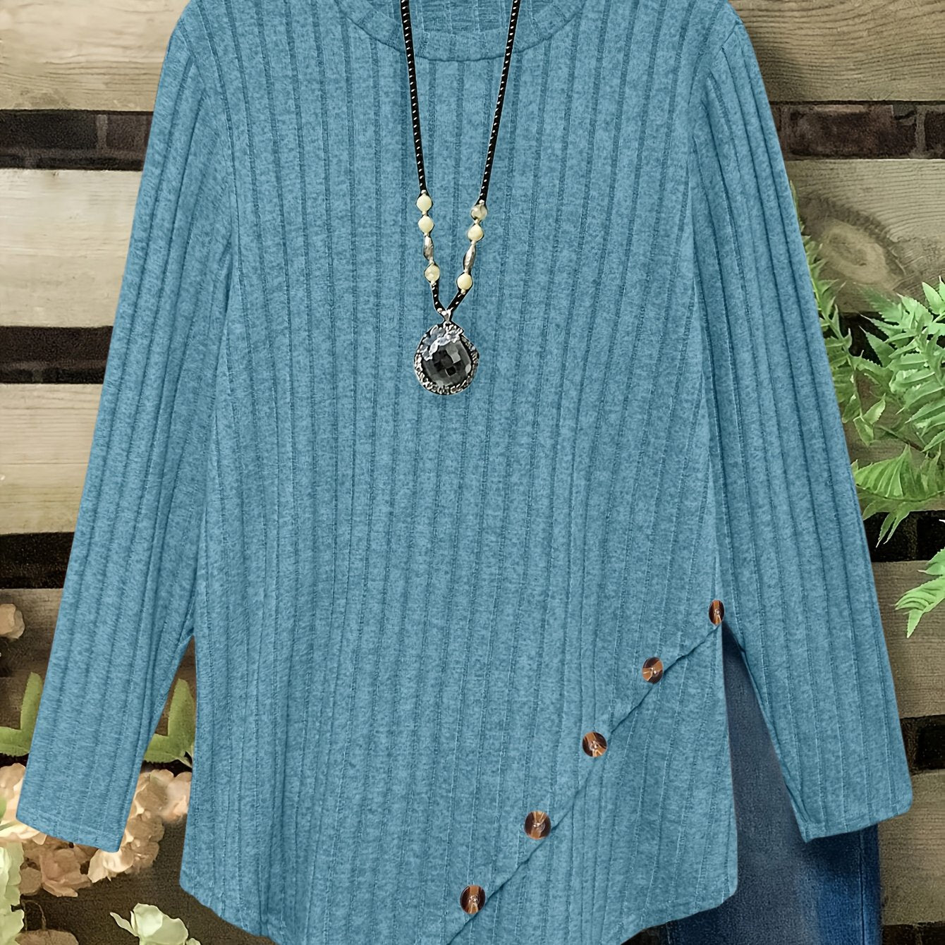 Plus Size Lightweight Ribbed Long Sleeve T-Shirt with Asymmetrical Hem