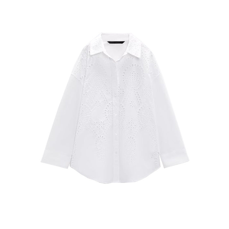 Long Sleeve Lapel Versatile Casual Top Hollow Embroidery Loose Shirt