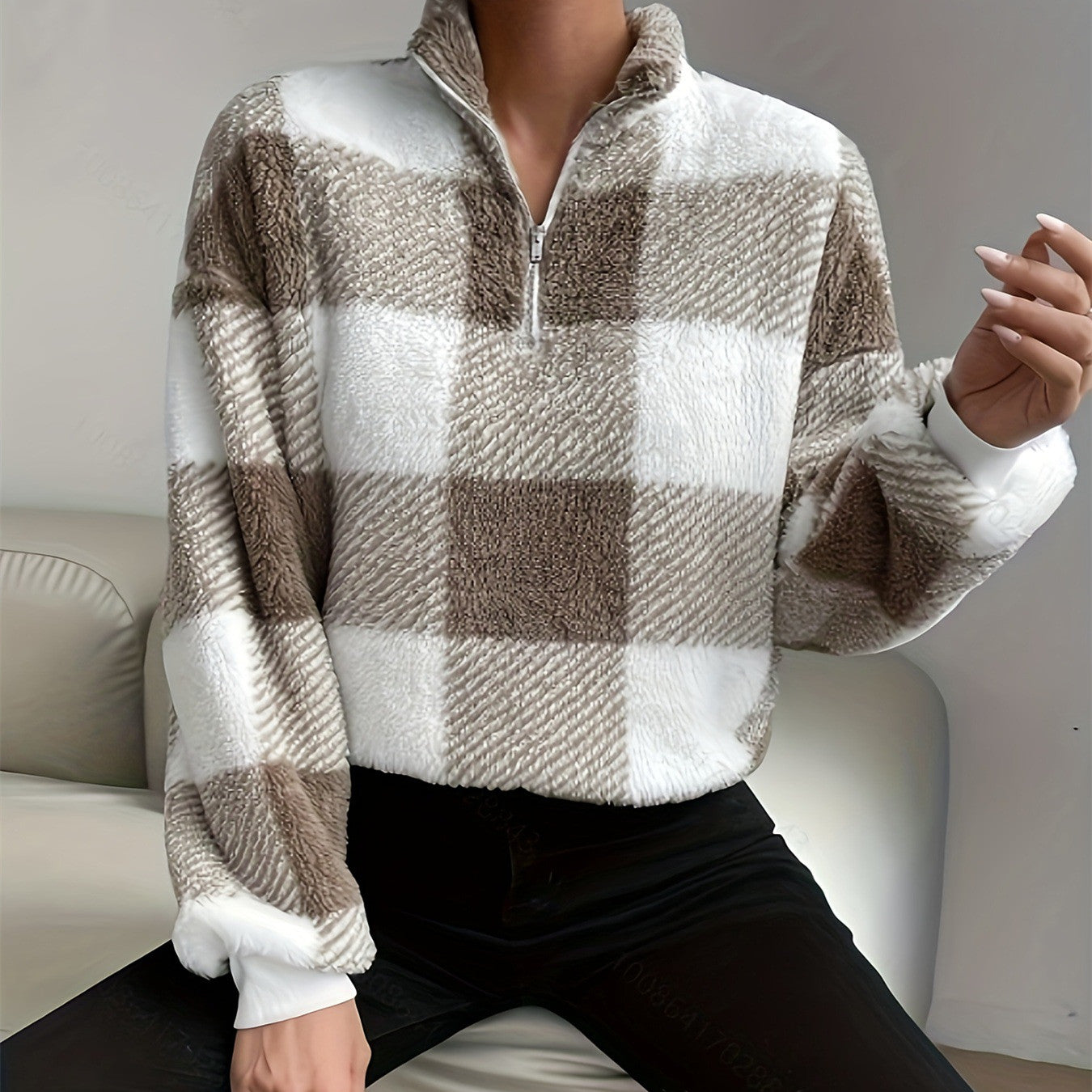 Women's Buffalo Plaid Off-Shoulder Half-Zip Sweater