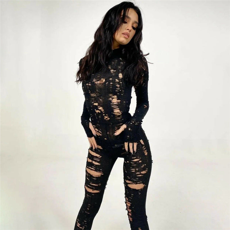 Women's Ripped Hollow-Out High-Waist Knit Jumpsuit