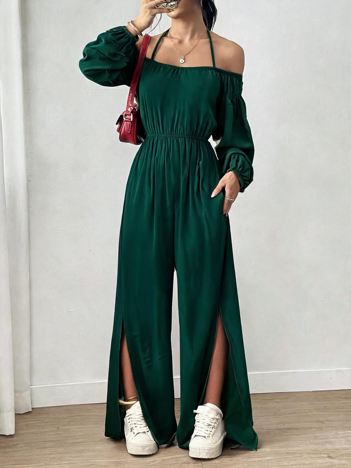 Women's Casual Strapless Slit Wide-Leg Jumpsuit