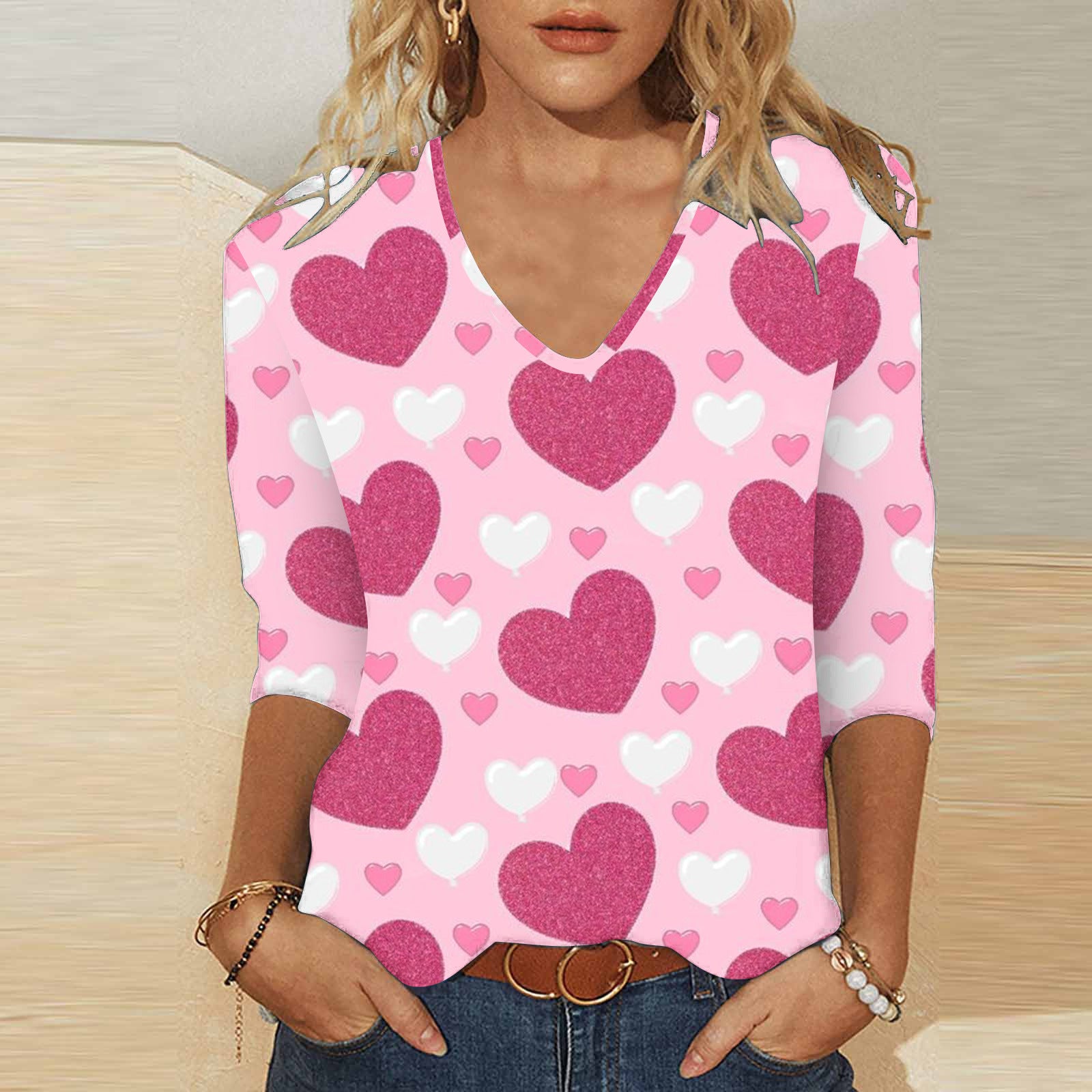 Cute Valentine's Heart V-Neck 3/4 Sleeve Casual T-Shirt