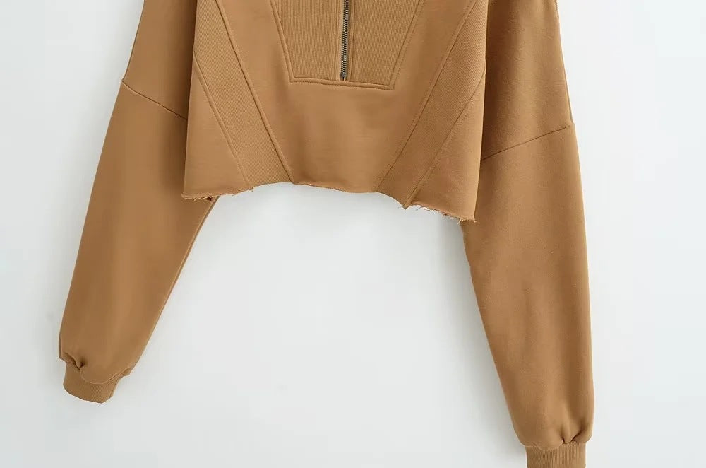 Women's Casual Half-Zip Solid Color Short Sweatshirt
