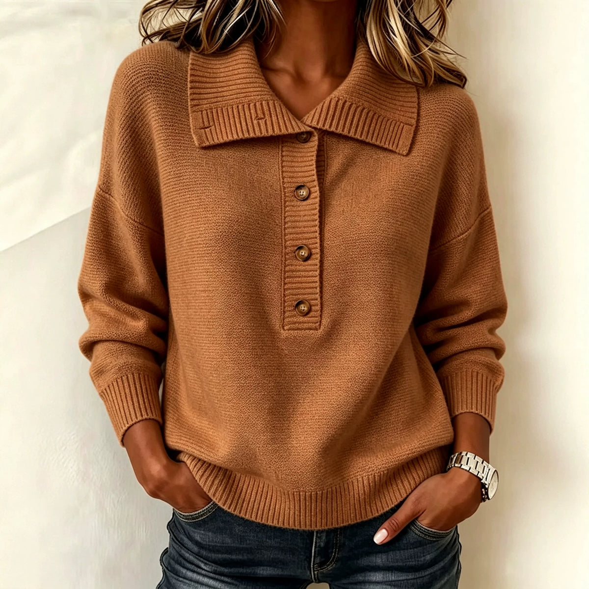 American-style Vintage-buttoned Half-zip Turtleneck Loose-fit Casual Womens Sweater