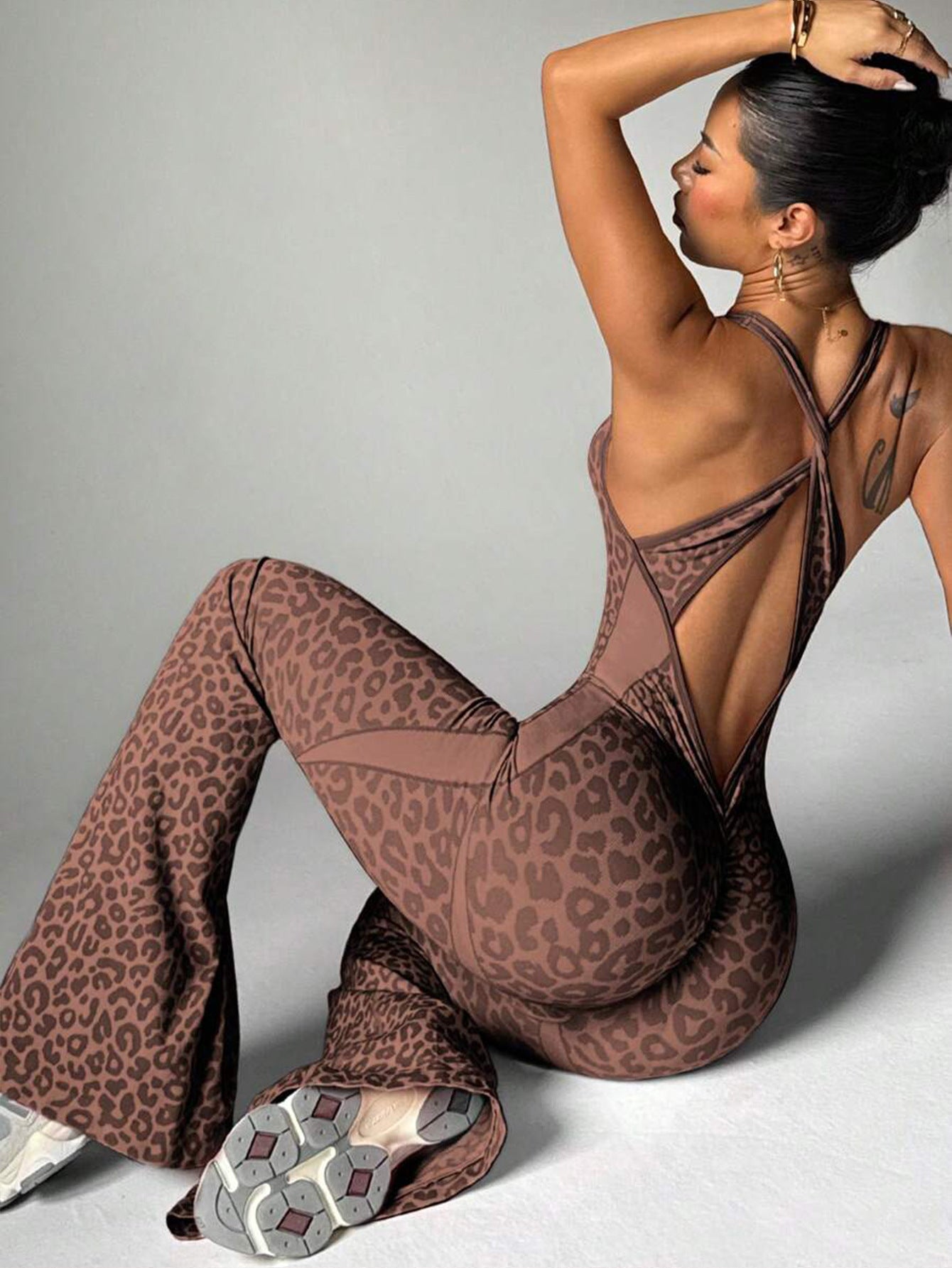 Women's Leopard Print Crisscross Back Seamless One-Piece Yoga Jumpsuit For Fitness & Sports
