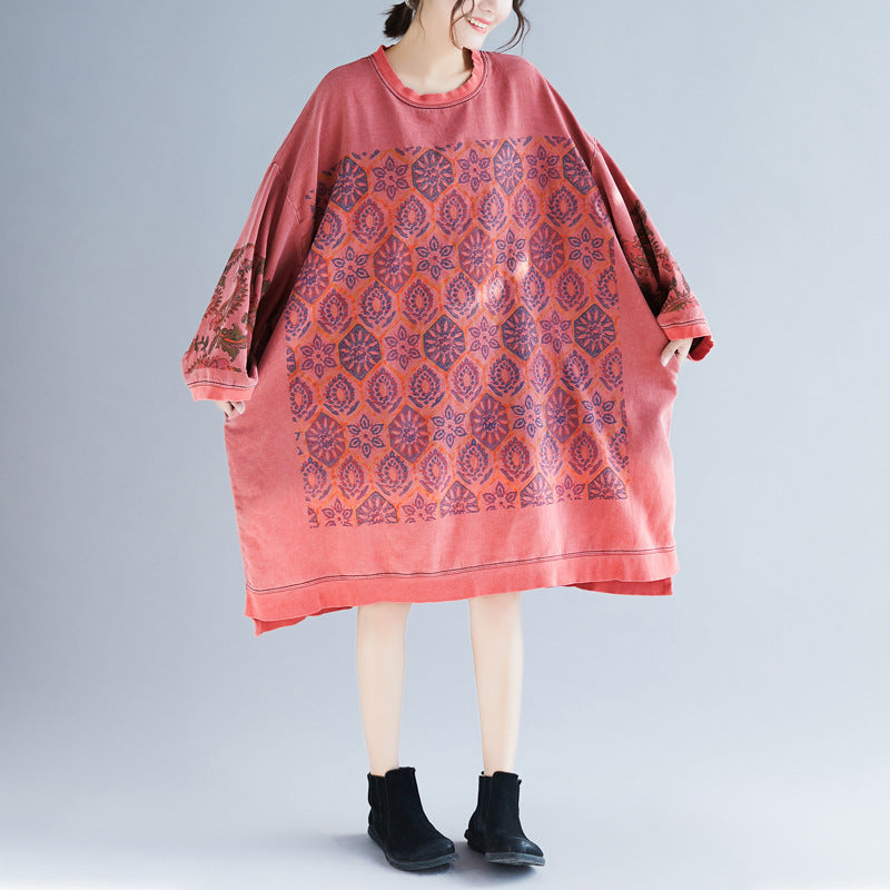 Plus Size Batwing Sleeve Printed Casual Dress