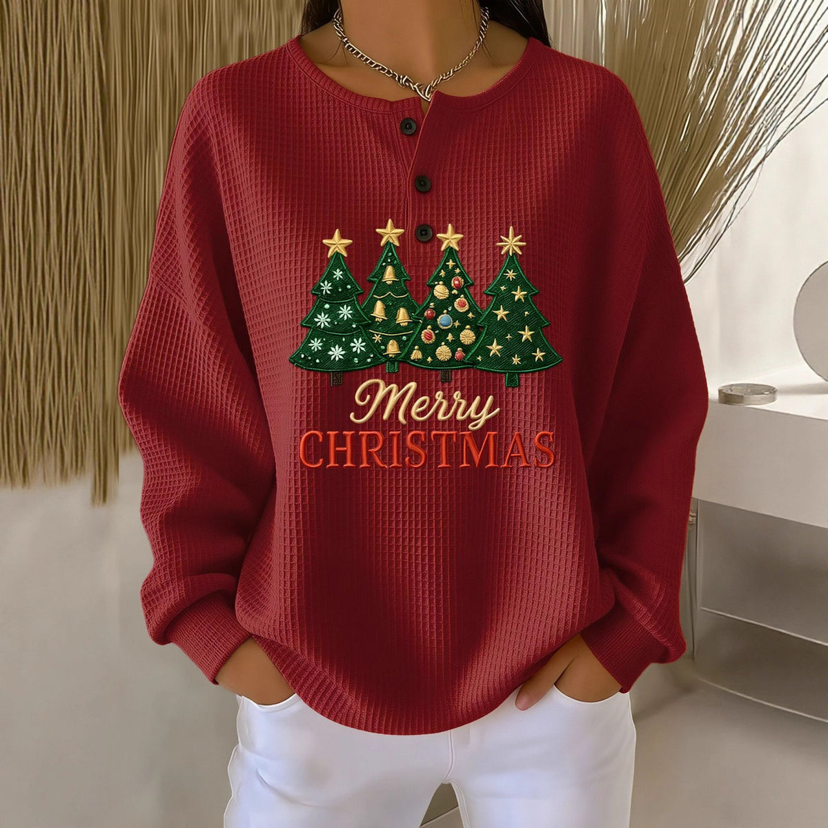 Retro 3d Digital-print Three-button Stand-up Collar Sweater