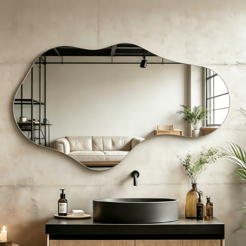 Frameless acrylic wall mirror with irregular asymmetrical design