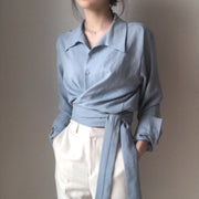 Retro Cross Strap Solid Lapel Shirt