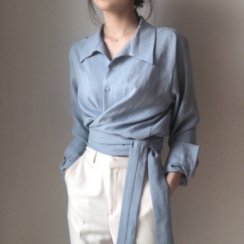 Retro Cross Strap Solid Lapel Shirt
