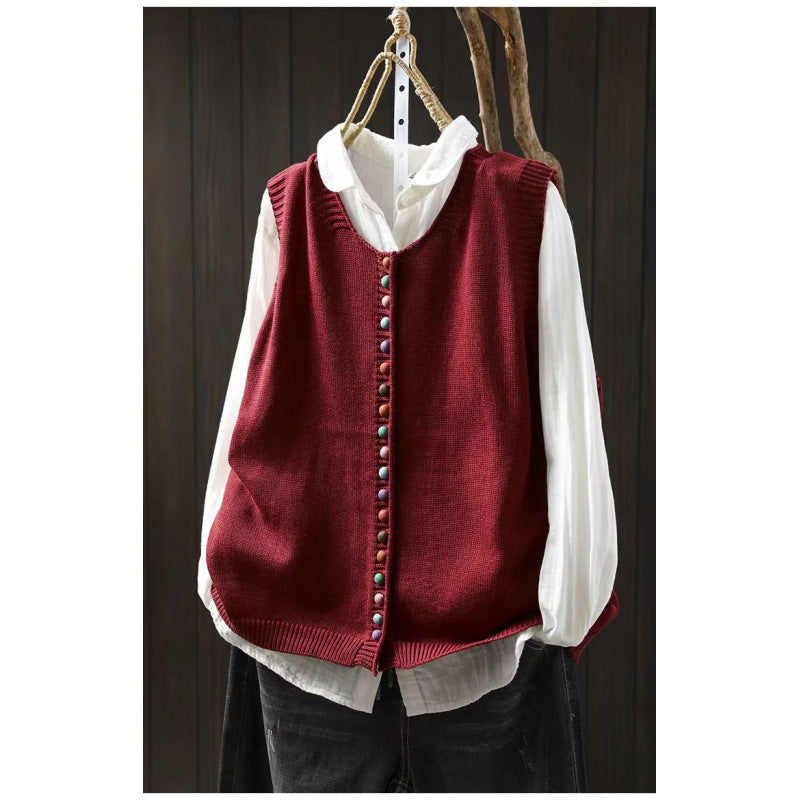 Spring and Autumn Outer Wear Solid Color and V-neck Color Buckle Knitted Cardigan Vest Vest for Women