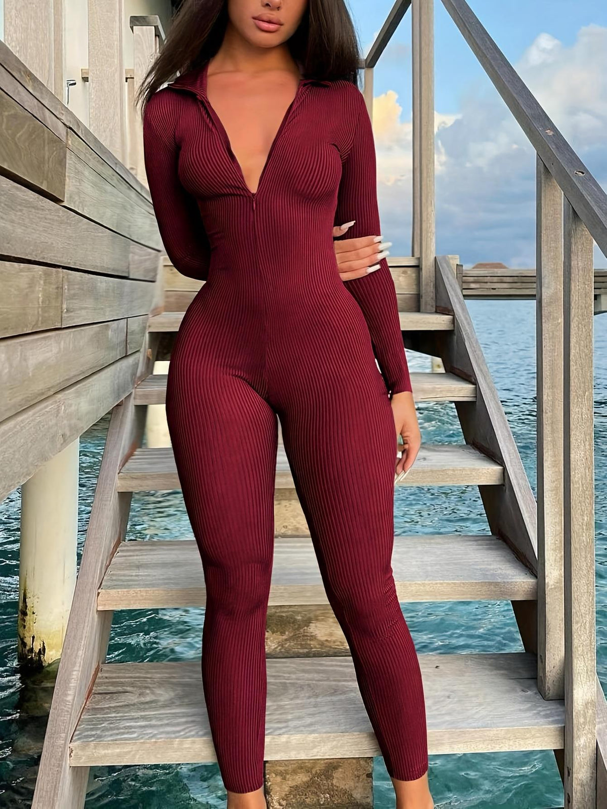 Casual Ribbed Long-Sleeve Zip-Up Jumpsuit