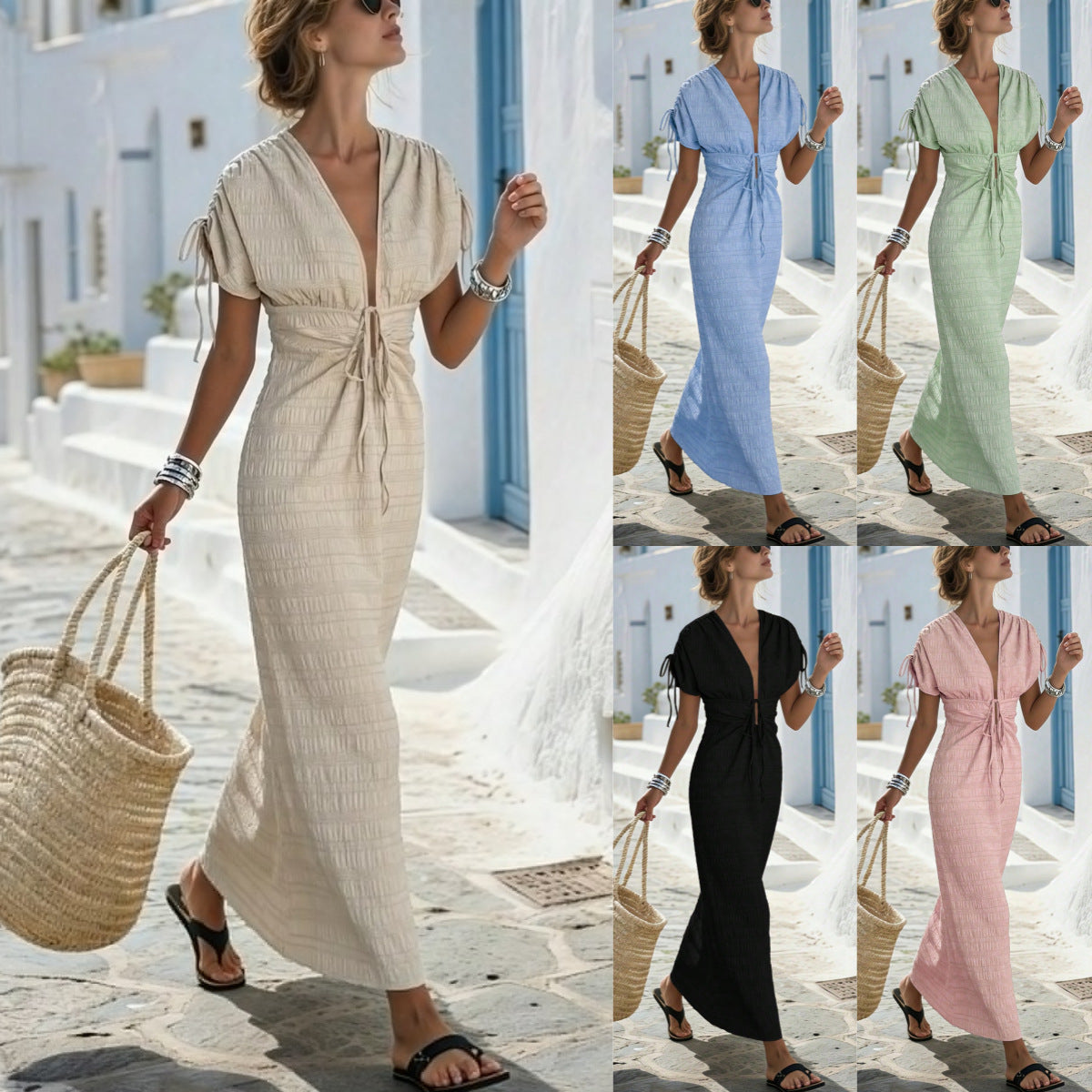Womens V-neck Long Dress with Tie Straps