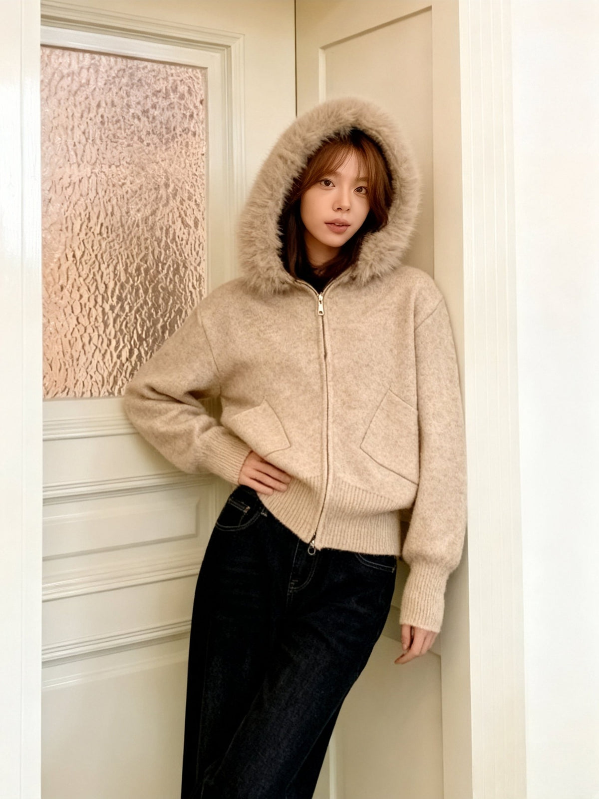 Fur Collar Hooded Knitted Coat for Women