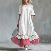 Women Summer Midi Dress, Short Sleeve Loose Flowy Dress, Contrast Ruffle Hem Patchwork Casual Vacation Dress with Pockets for Ladies