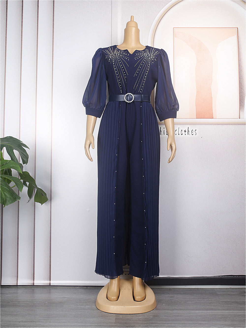 Elegant Rhinestone False Two-Piece Belted Dress