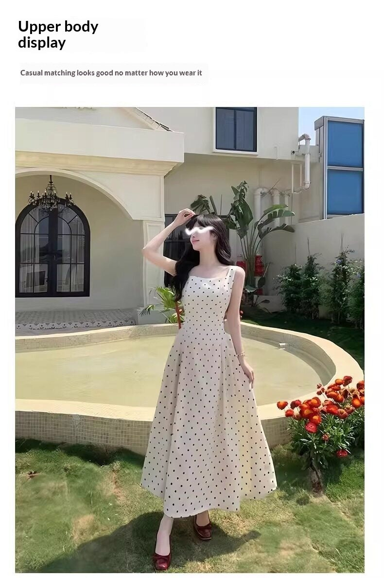 Womens Long Dress with French-style Polka-dot Straps