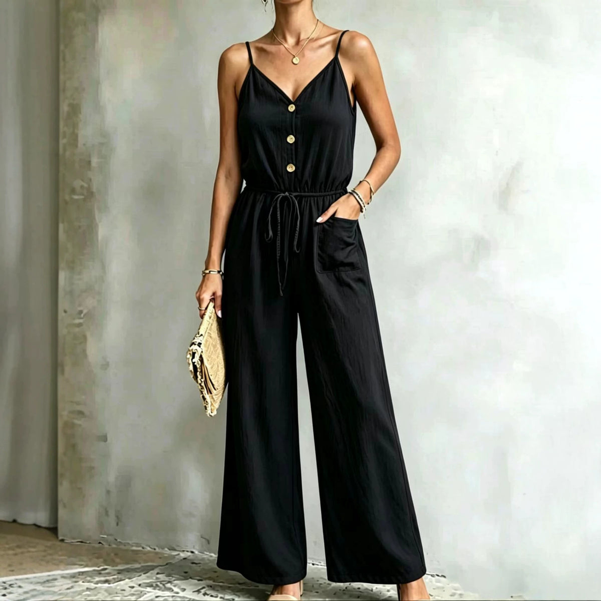 Womens Solid-color Casual Belted Strap Jumpsuit
