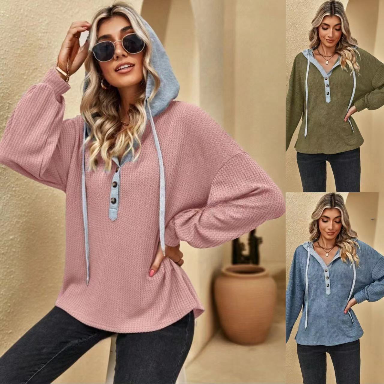Women's Casual Button Hooded Waffle Knit Sweater