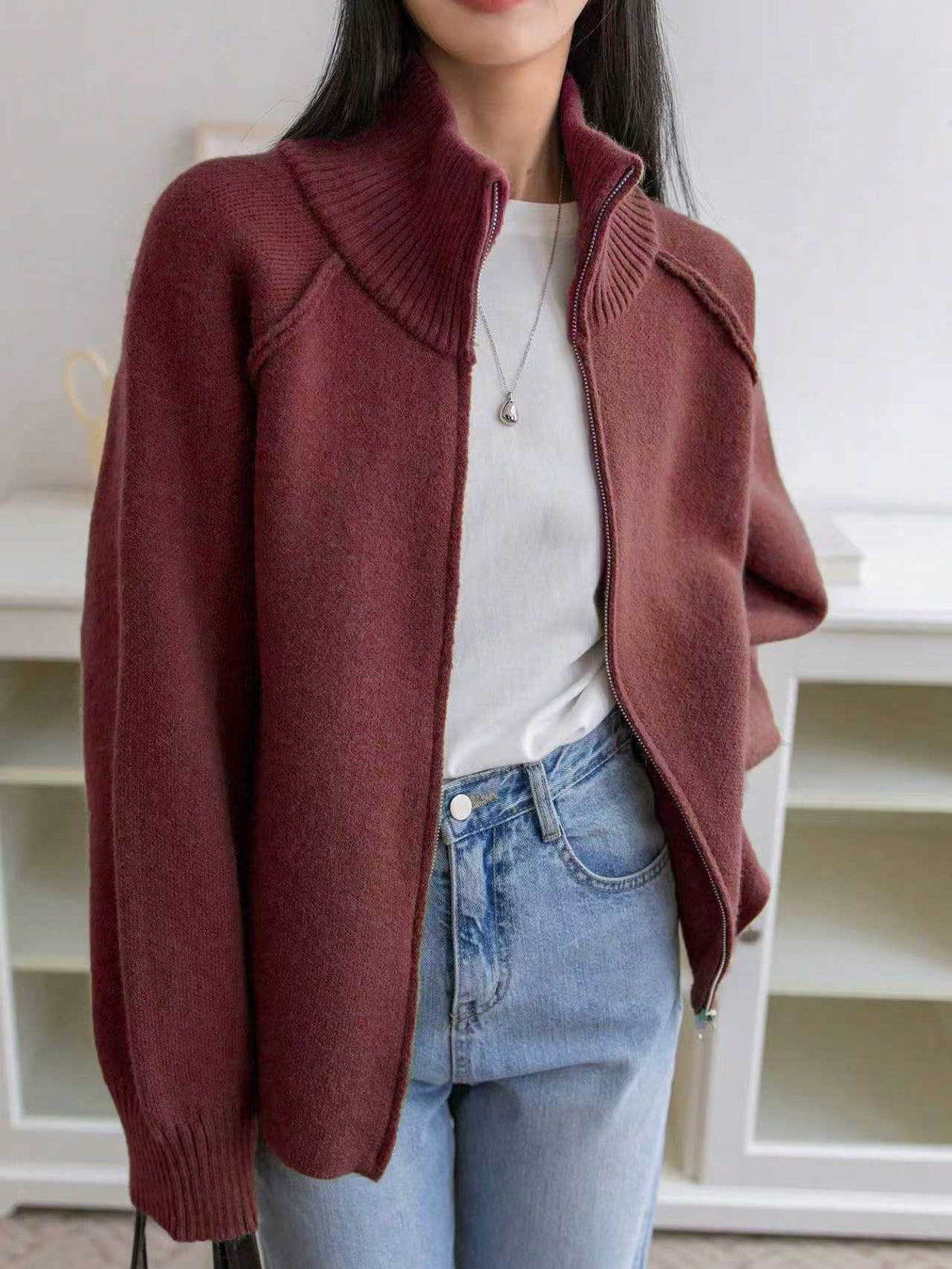 Solid Color Stand Collar Zipper Knitted Cardigan Top