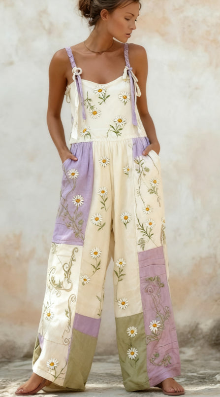 Bohemian Style Rose Embroidered Floral Patchwork Jumpsuit