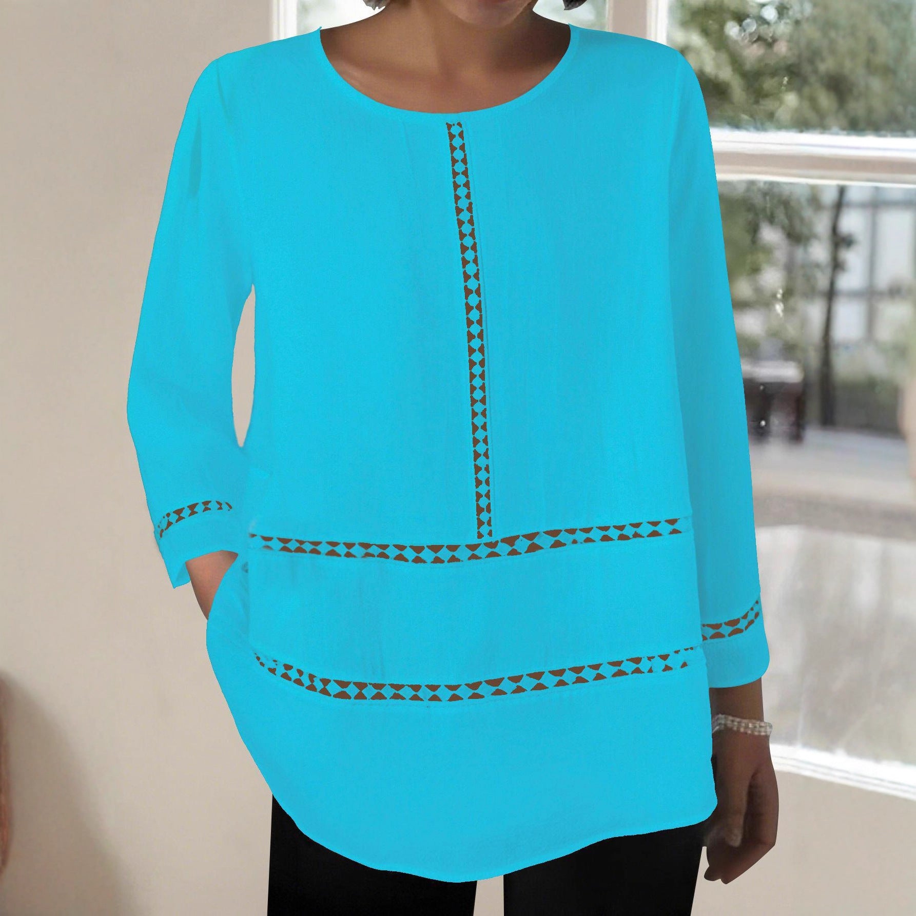Women's Semi-Sheer Hollow-Out Long-Sleeve Round-Neck Top