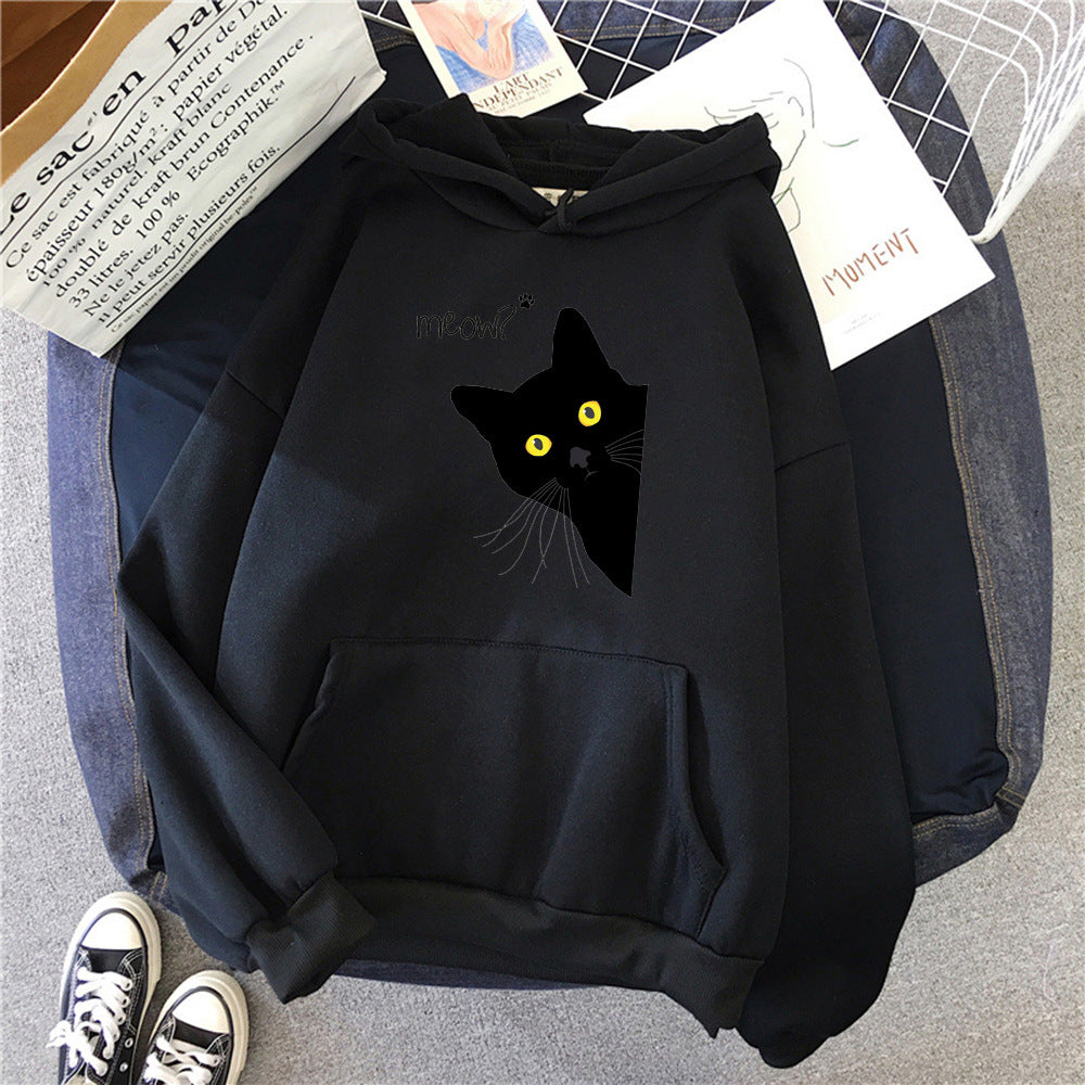 Plus Size Black Cat Fleece Hooded Sweatshirt