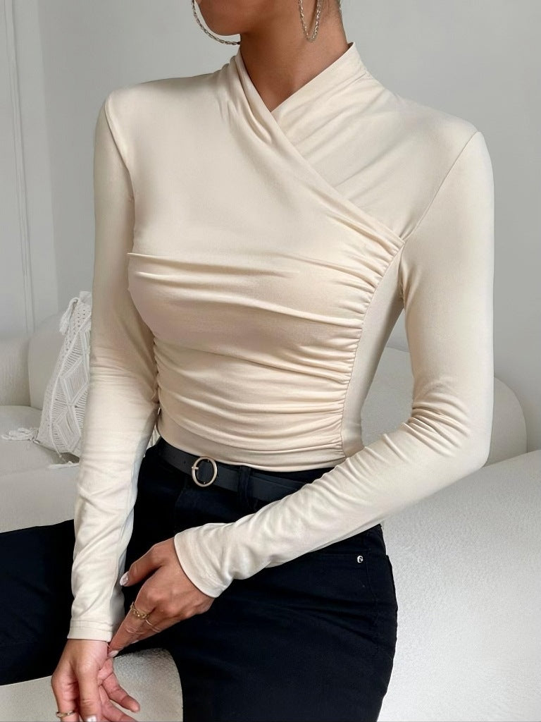 Cross Collar Pleated Slim Long Sleeve Top