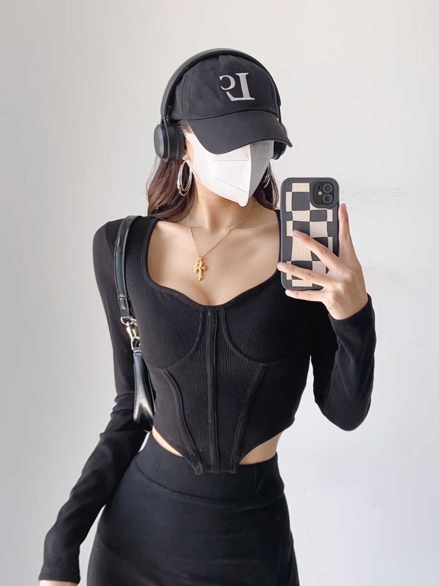 Slim Fit Open Waist Square Collar Long Sleeve Crop Top