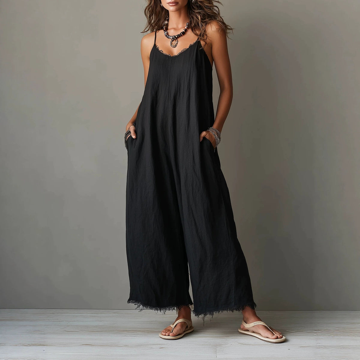 Womens Loose-fitting Solid-color Wide-leg Jumpsuit With Straps