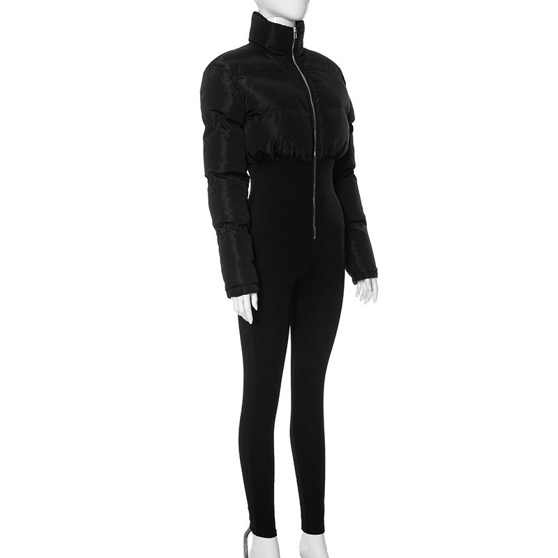 Thermal Stretchy Solid Color Zipper One-Piece Bodysuit Pants