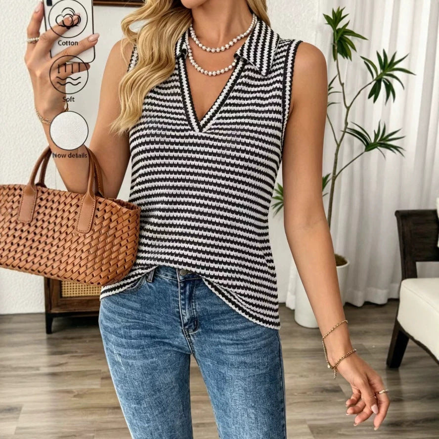 Summer V-neck Knitted Casual Striped Polo Sweater