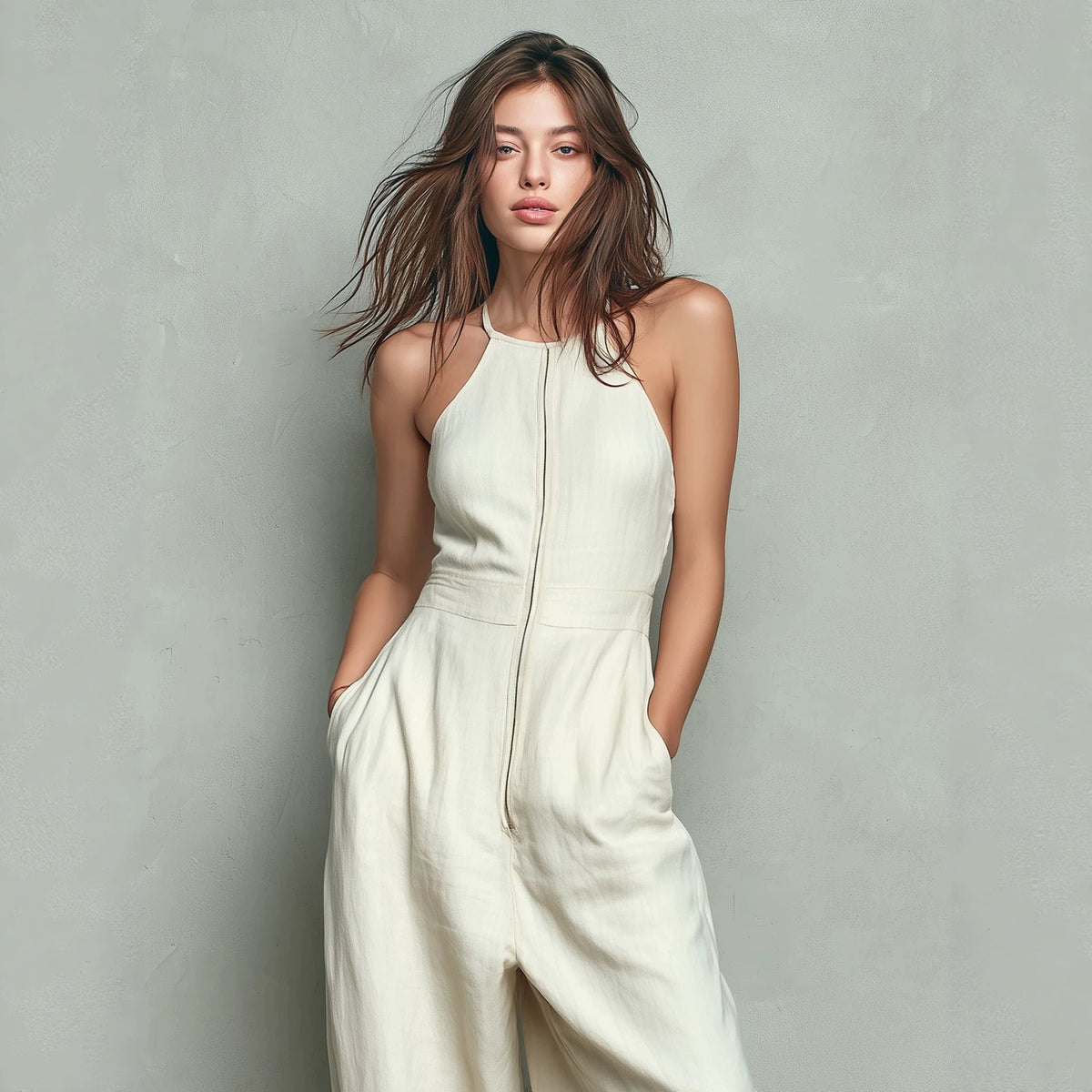 Women's Solid Zip-Front Backless Wide-Leg Jumpsuit