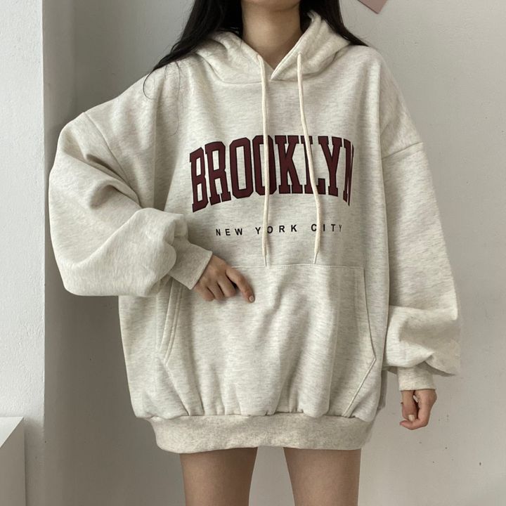 Women's Letter Print Hooded Mid-Length Loose Sweatshirt