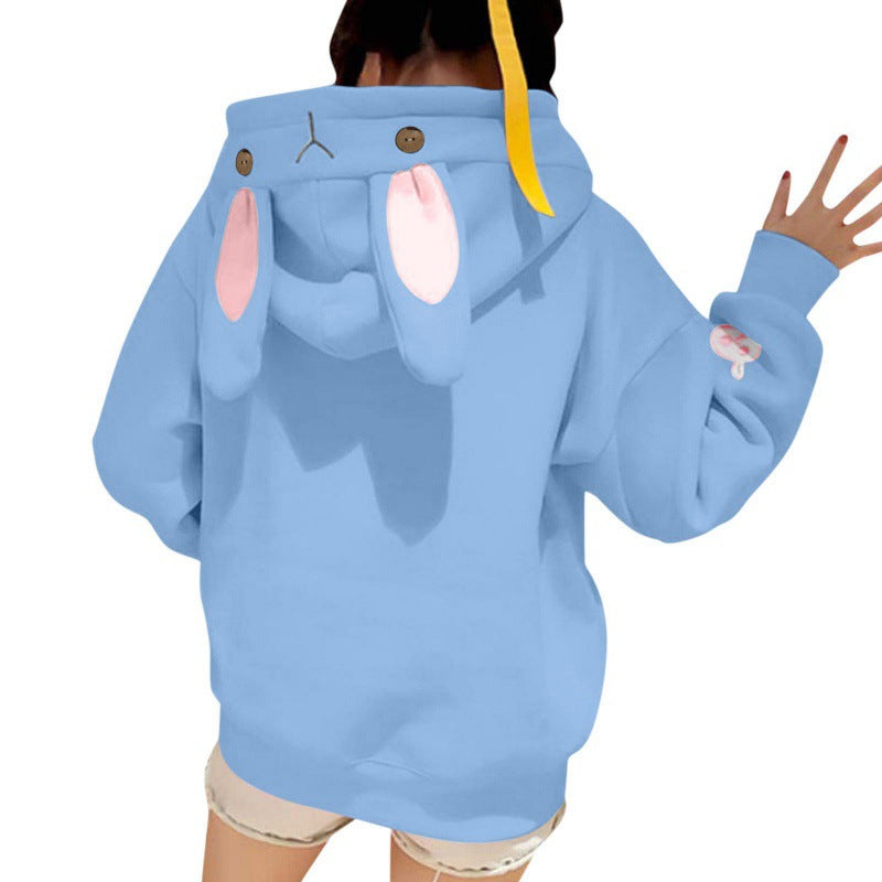 Cute Bunny Ear Embroidered Pocket Fleece Hoodie for Women