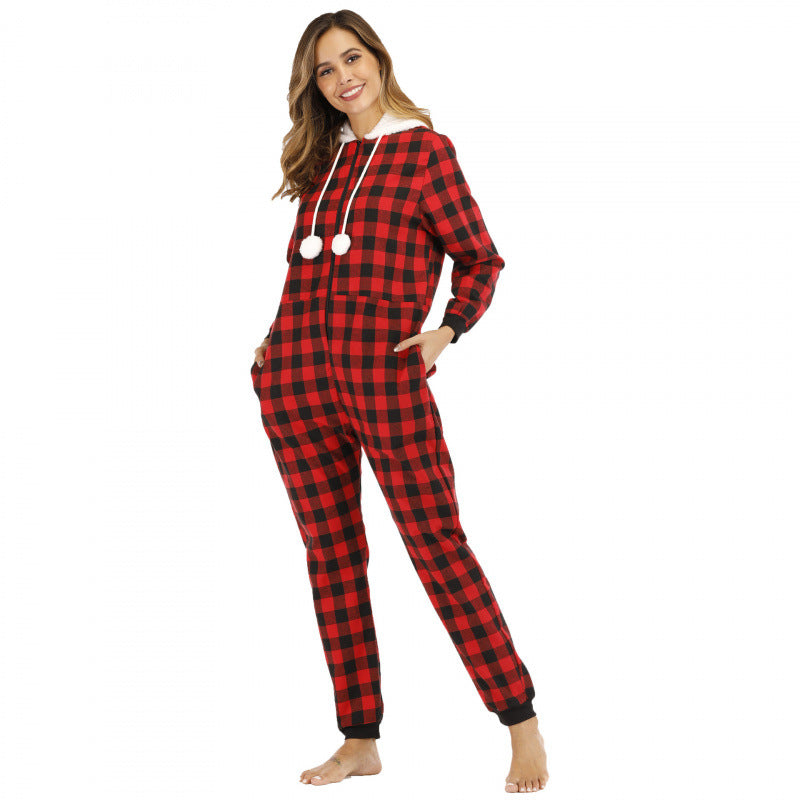 Women's Plaid Hooded Cotton Jumpsuit Casual Romper