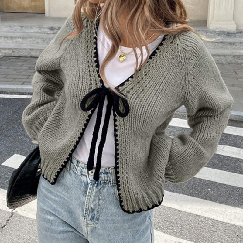 Lace-up Sweater Solid Color Loose Long Sleeves Jacket